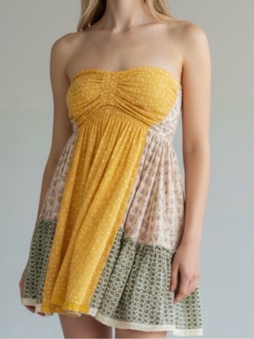 Free people Yellow Strapless Boho Mini Dress
